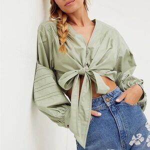 Free People Green 100% Cotton Gigi Tie Front Crop Top Size Small P